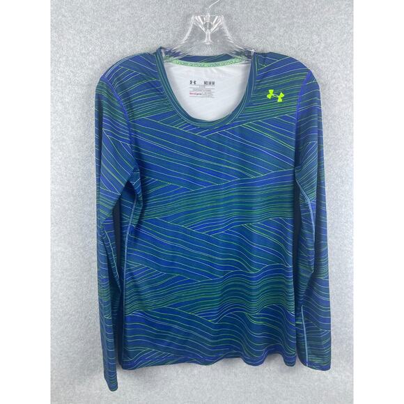 Under Armour Heatgear Shirt Womens M Blue Crazy Print Long Sleeve Fitted Workout - Picture 1 of 8